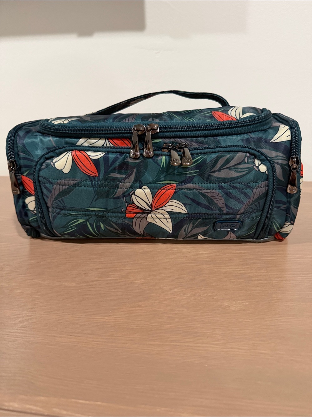 Lug Tolley Floral Toiletry/Cosmetic/Travel Bag - Dark green with Red & Cream